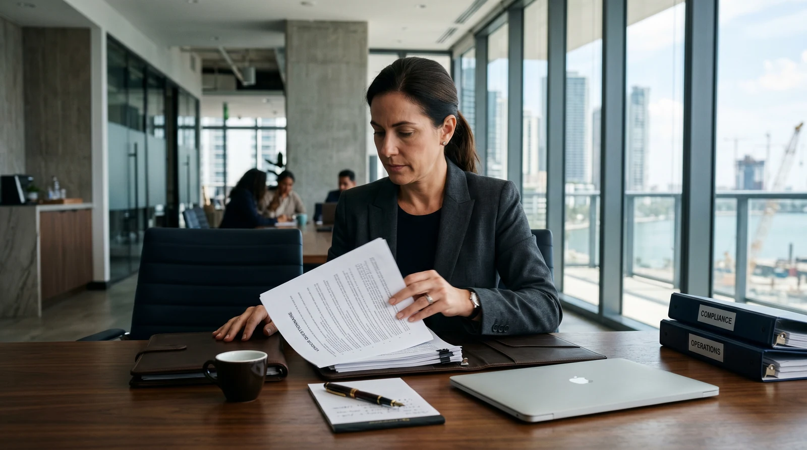 A procurement officer in a tailored charcoal blazer reviewing a multi-page vendor questionnaire at a Brickell conference table, with compliance and operations binders to her right and a closed laptop, fountain pen, and espresso cup arranged on the table