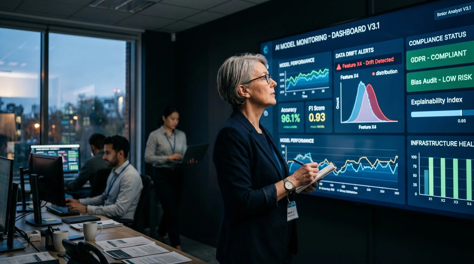 An analyst reviewing an AI model monitoring dashboard showing compliance status, bias audit, and explainability metrics